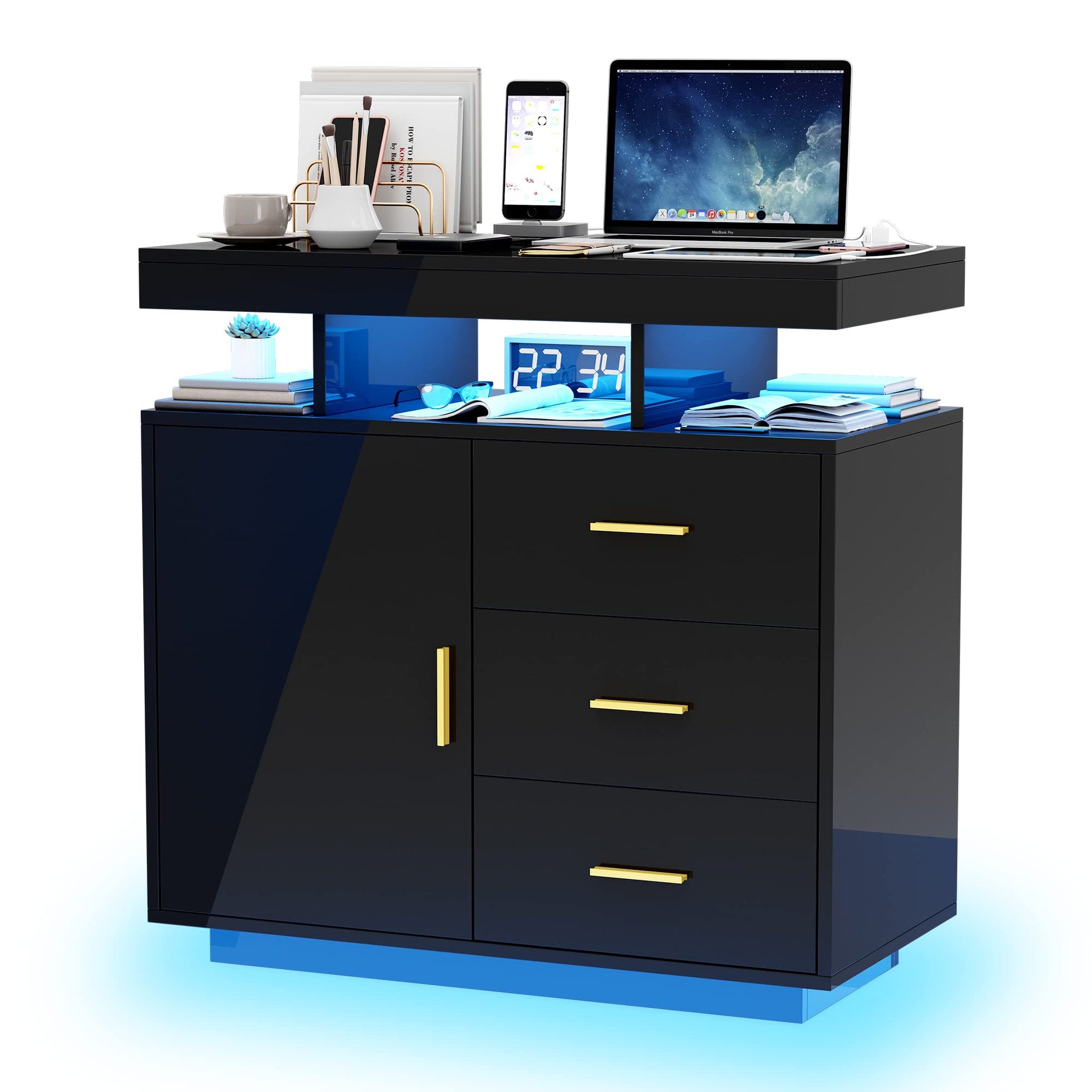 LVSOMT Sideboard Buffet Storage Cabinet with LED Lights & Wireless Charging Station, Modern Kitchen Bar Cabinet, High Gloss Wood Accent Cabinet, Console Table for Living Room (Gloss Black) - WoodArtSupply