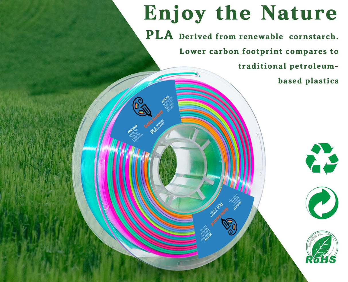 Goto Guard Silk Rainbow PLA Filament, Silk PLA Multicolor Filament Color Changing with Green Blue Purple Pink Yellow PLA, 3D Printing Filament 1.75mm 3D Filament 1kg Goto Guard