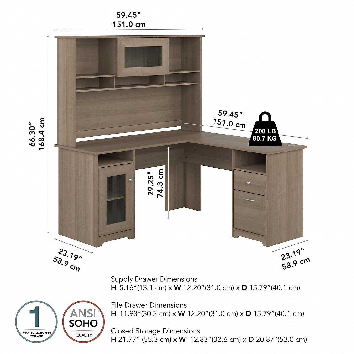 Bush Furniture Cabot L Shaped Desk with Hutch | Corner Desk with Storage for Home Office in Ash Gray | 60W L Shaped Computer Desk - WoodArtSupply