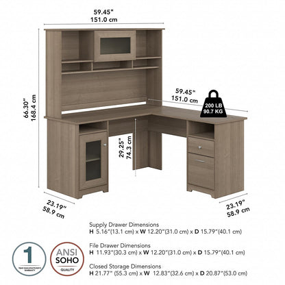 Bush Furniture Cabot L Shaped Desk with Hutch | Corner Desk with Storage for Home Office in Ash Gray | 60W L Shaped Computer Desk - WoodArtSupply