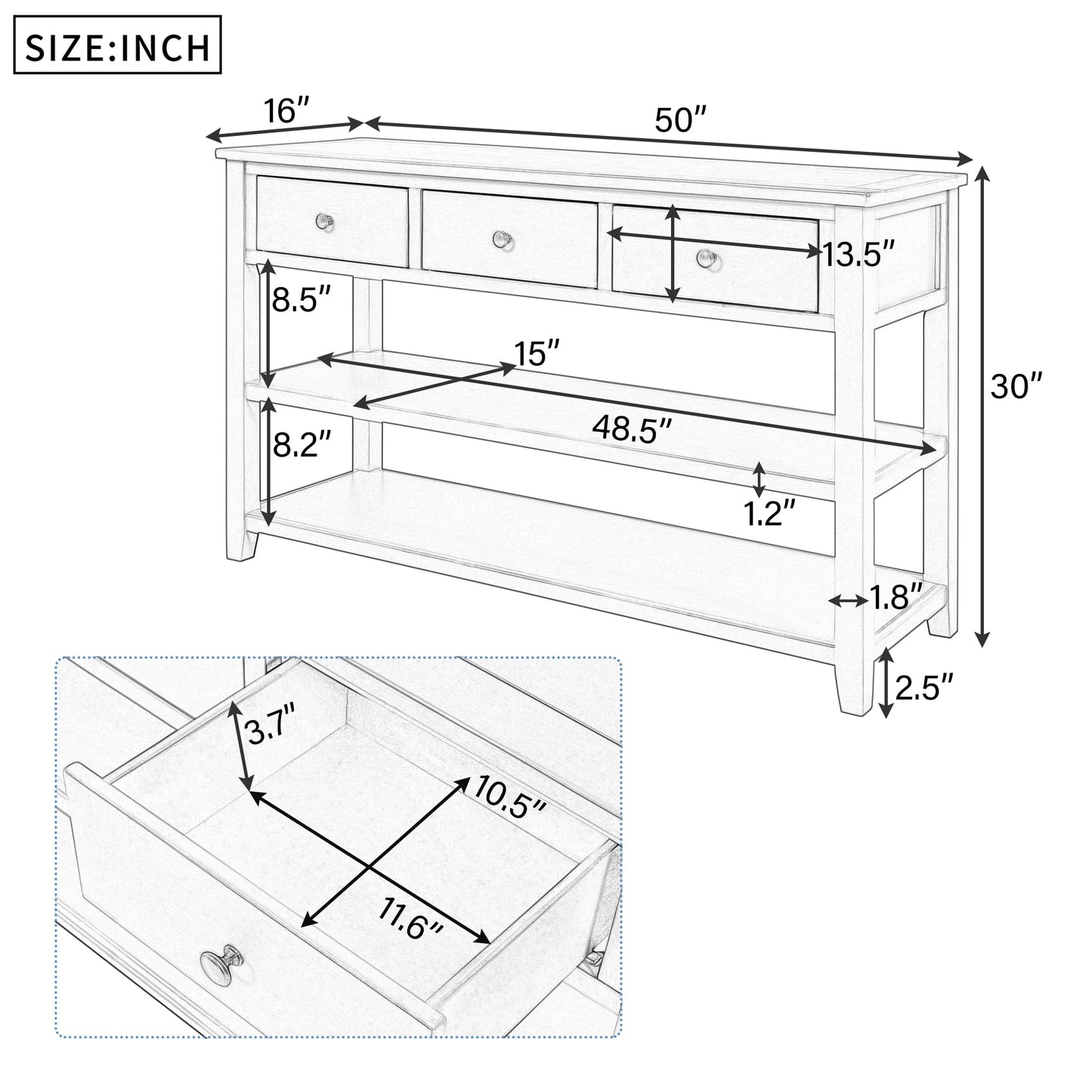 Knocbel Long Console Table with 3 Storage Drawers and Double Bottom Open Shelves, Wooden Sofa Tables for Entryway Hallway Foyer, 50" W x 16" D x 30" H,Espresso