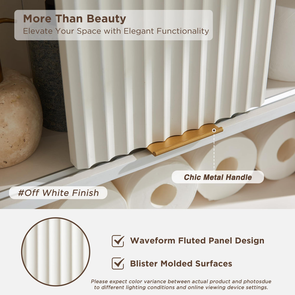 RedLemon Over The Toilet Storage Cabinet with Fluted Sliding Door, 68" Tall Wood Space Saver w/Faux Marble Top & Adjustable Shelf, Curved Profile Rack Organizer for Bathroom, Off White RedLemon