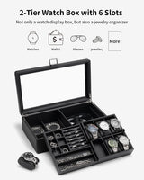 Vlando 6-Slot Watch Box Organize, Lockable Watch Case with Textured Leather, 2 Layer Watch Holder for Rings, Bracelets, Glasses, Glass Lid, Removable Divider, Gift for Fathers, Husband, Friend, Black Vlando