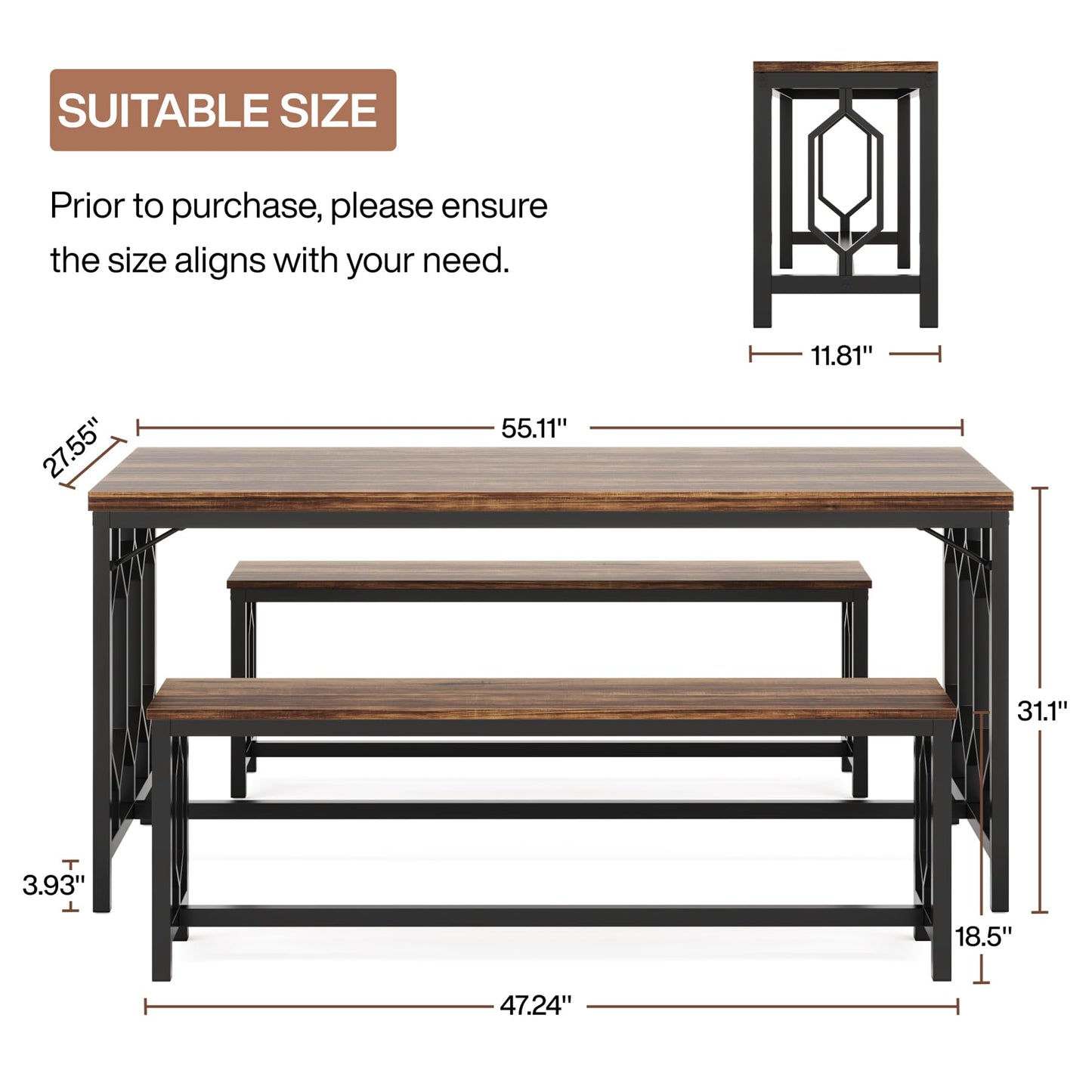 Tribesigns 55-Inch Rustic Brown & Black Dining Table Set with 2 Benches for 4 to 6 People