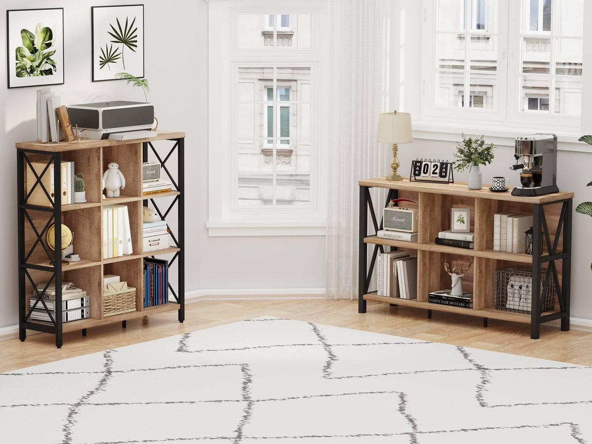 FATORRI 9 Cube Storage Bookshelf, Industrial 4 Shelf Book Shelf, Farmhouse Wood and Metal Cubby Bookcase for Home Office (39.37" W, Rustic Oak) FATORRI