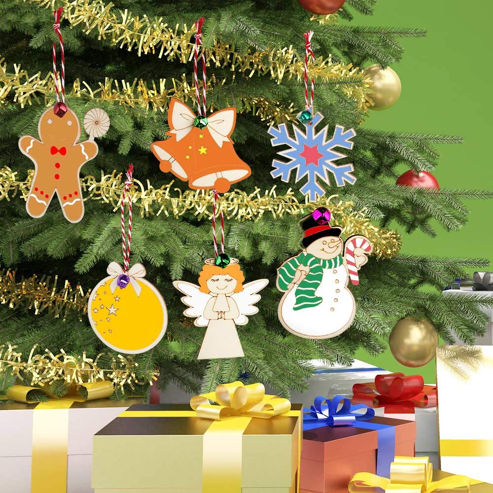 GUDELAK 48PCS Christmas Crafts for Kids, Wooden Christmas Ornaments Unfinished Wood Slices with 6 Styles, DIY Christmas Ornaments Kits for Christmas Tree Holiday Hanging Decorations