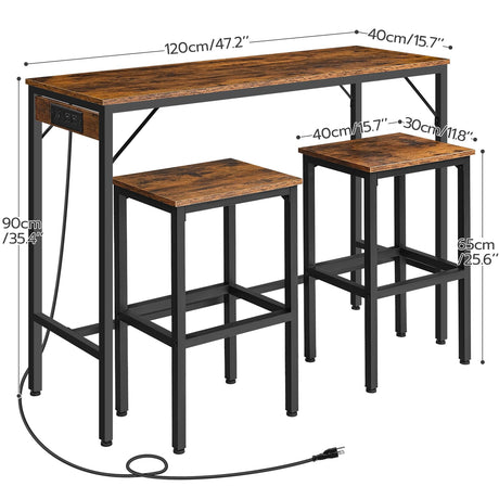 HOOBRO Bar Table and Chairs Set, 47.2" Dining Table Set with Power Outlet, 3-Piece Pub Table Set, Kitchen Bar Height Table with Stools of 2, Space Saving for Living Room, Rustic Brown BF46UBT01 HOOBRO