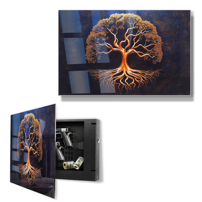 Biometric Gun Safe for Handgun, Pistol Safe with Fingerprint & KEY Access, Tree of Life Tempered Glass Hidden Gun Storage with Decor Function For Wall-Mounted