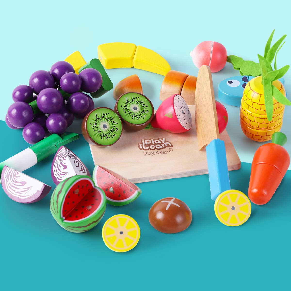 iPlay, iLearn Wooden Play Food Toy, Kids Wood Cutting Magnetic Fruit Vegetables, Toddler Cooking Pretend Play Kitchen Food Set, Montessori Educational Birthday Gift for Age 3 4 5 6 7 Year Old - WoodArtSupply