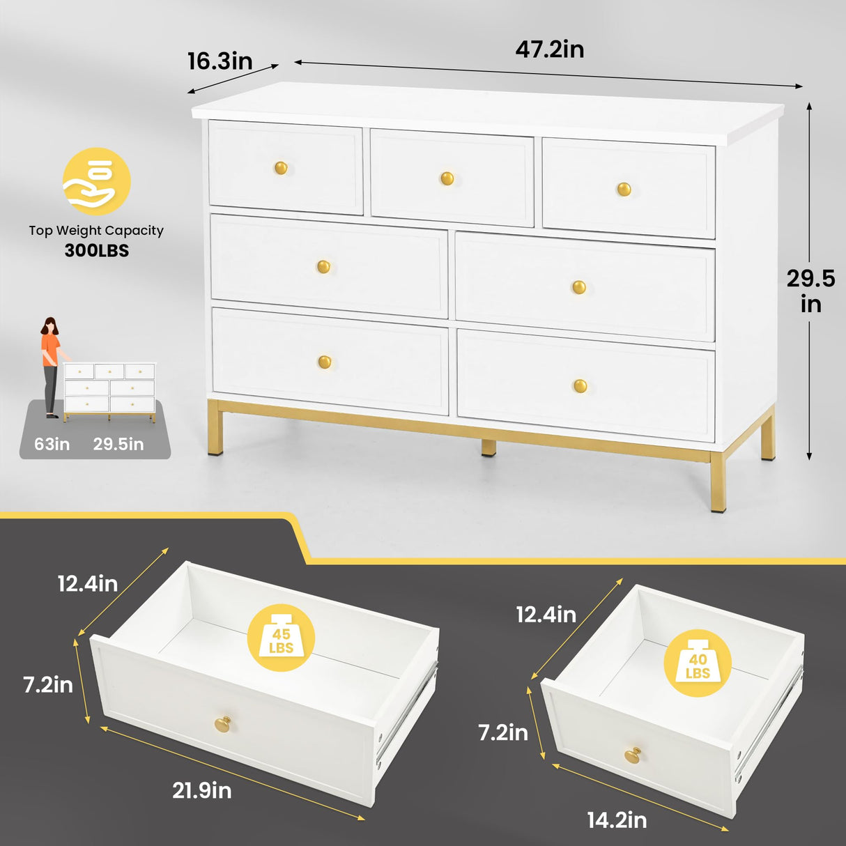 Pamapic Modern 7-Drawer White Dresser,47" White Wooden Dresser for Bedroom, Storage Organizer with Deep Drawers & Metal Handles for Bedroom, Entryway, Hallway Pamapic