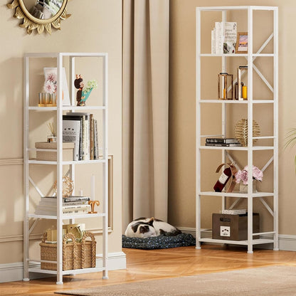 Furologee White Tall Bookshelf, Narrow Bookcase with 6 Shelves, Modern Freestanding Shelf Units, Metal and Wood Display Storage Corner Rack Organizer for Living Room, Home Office, Hallway, Bathroom