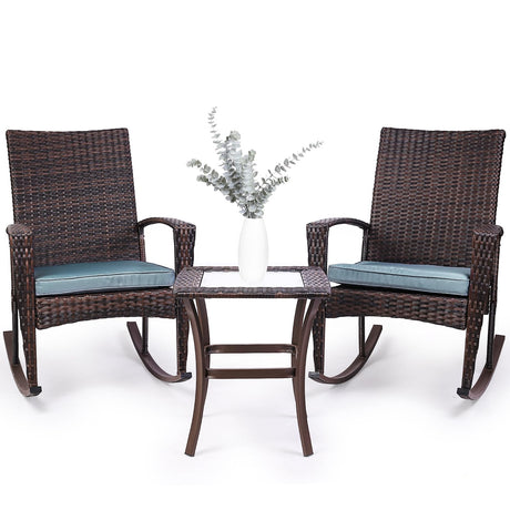 Niubya 3 Piece Wicker Rocking Chair Patio Furniture Sets, Outdoor Wicker Bistro Rattan Chair Conversation Sets with Cushions and Coffee Table, Grey and Brown Niubya