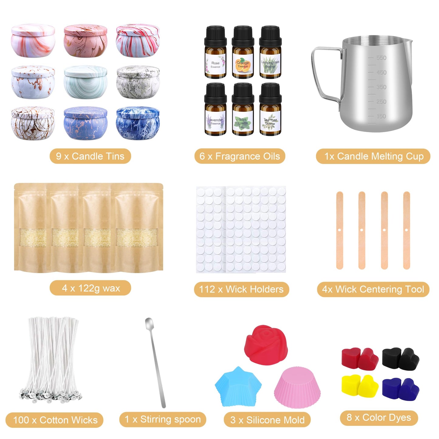 YUEONEWIN Candle Making Kits for Adults, Candle Making Supplies Accessory, DIY Scented Candle Set with Soy Wax, Essential Oil, Wicks, Wax Melting Pot, Moulds, Candle Jars, Dye, Make Your Own Candles