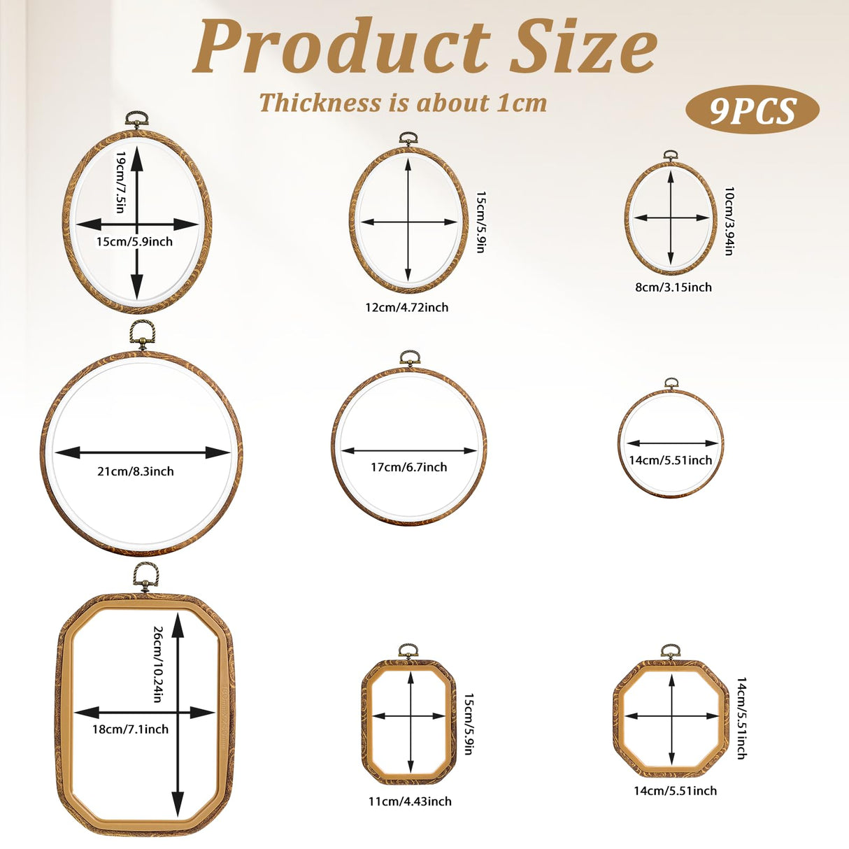 9 Pcs Large Embroidery Hoop Frame Imitated Wood Display Frame Wooden Embroidery Hoops Cross Stitch Hoop Ring for Art Craft DIY Sewing and Hanging Ornaments Circle Oval Octagonal SynHHergyx