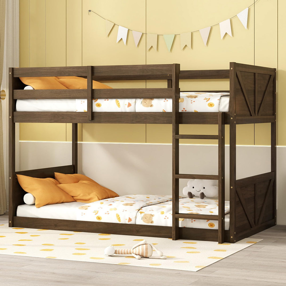 LUKEEHOM Bunk Bed Twin Over Twin, Wood Low Profile Floor Twin Bunk Beds with Headboard Ladder Guardrails for Kids Boys and Girls, No Box Spring Needed LUKEEHOM