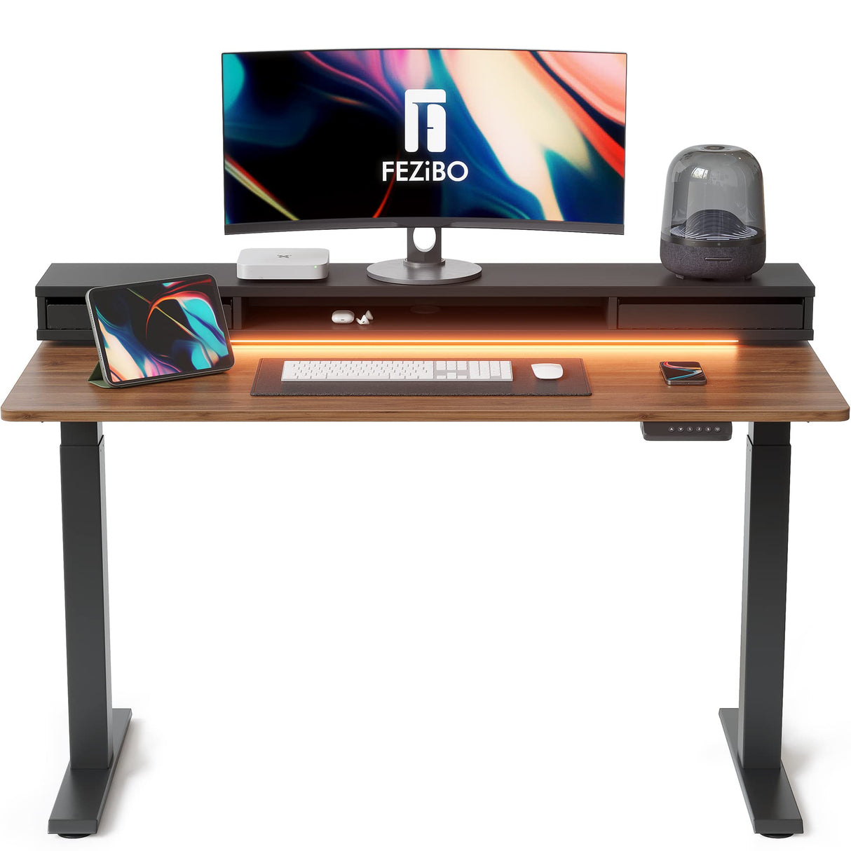 FEZIBO 55 x 24 Inch Height Adjustable Electric Standing Desk with Double Drawers, Stand Up Desk with LED Strips, Sit Stand Desk with Monitor Stand, Black Walnut FEZIBO
