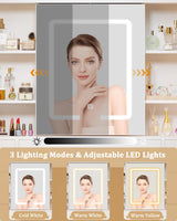 HUAHUU Vanity Desk with LED Lights & Sliding Mirror, Makeup Vanity with Lights, Power Outlet, White Vanity Desk with 5 Drawers & 2 Cabinets, 6 Storage Shelves for Bedroom HUAHUU