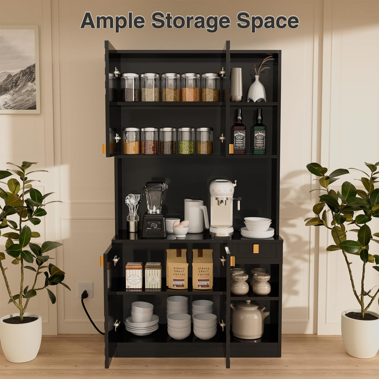 Buenhomino Kitchen Pantry Cabinet, 71" Hutch Cabinet with Countertop & Power Outlet & Adjustable Shelves, Wood Buffet Cabinet Organizer with Buenhomino