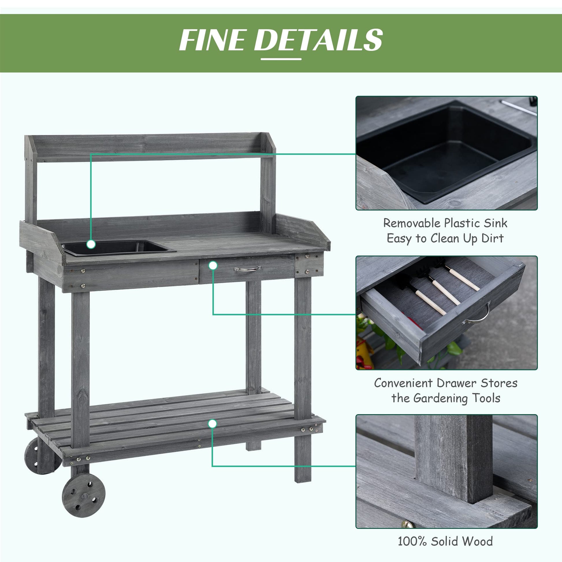 Outsunny 36'' Wooden Potting Bench Work Table with 2 Removable Wheels, Sink, Drawer & Large Storage Spaces, Gray - WoodArtSupply