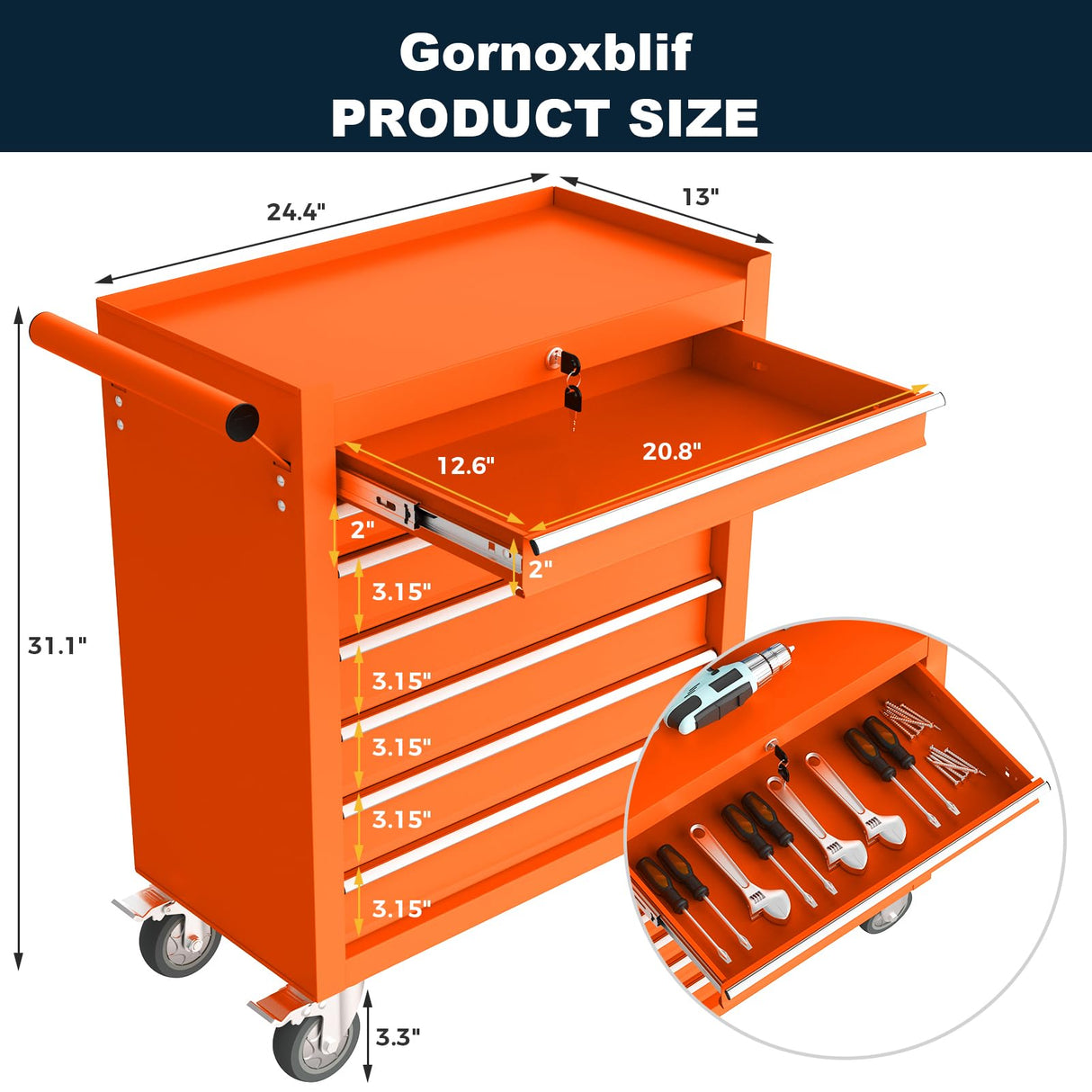 Gornoxblif 7-Drawers Orange Metal Rolling Tool Chest with Wheels,Tool Storage Cabinet with Locking System，Toolbox with Wheels for Garage, Warehouse, Workshop, Repair Shop Gornoxblif