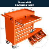 Gornoxblif 7-Drawers Orange Metal Rolling Tool Chest with Wheels,Tool Storage Cabinet with Locking System，Toolbox with Wheels for Garage, Warehouse, Workshop, Repair Shop Gornoxblif