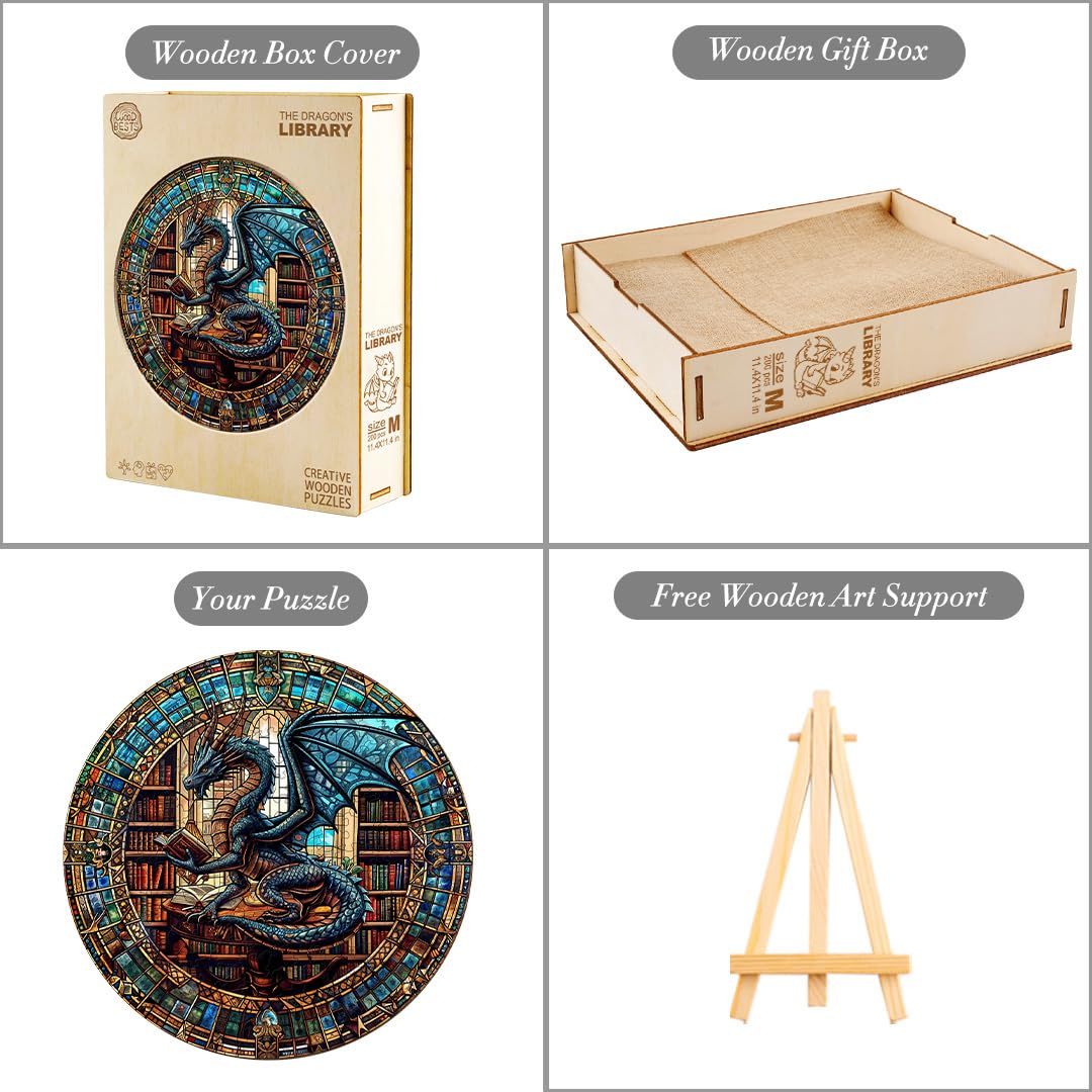 KAAYEE Wooden Puzzles for Adults-Dragon Library Wooden Jigsaw Puzzle Unique Shape Wooden Puzzle Wood Puzzle for Adults,Family Puzzles for Aduls (M-11.4 * 11.4in-200pcs) KAAYEE