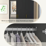 jiteentarou 3 Door Wardrobe Closet with Mirror and LED Lights, Bedroom Armoire with Drawers Shelves, Modern Wooden Armoire Wardrobe Closet with Hanging Rod for Bedroom, Black jiteentarou