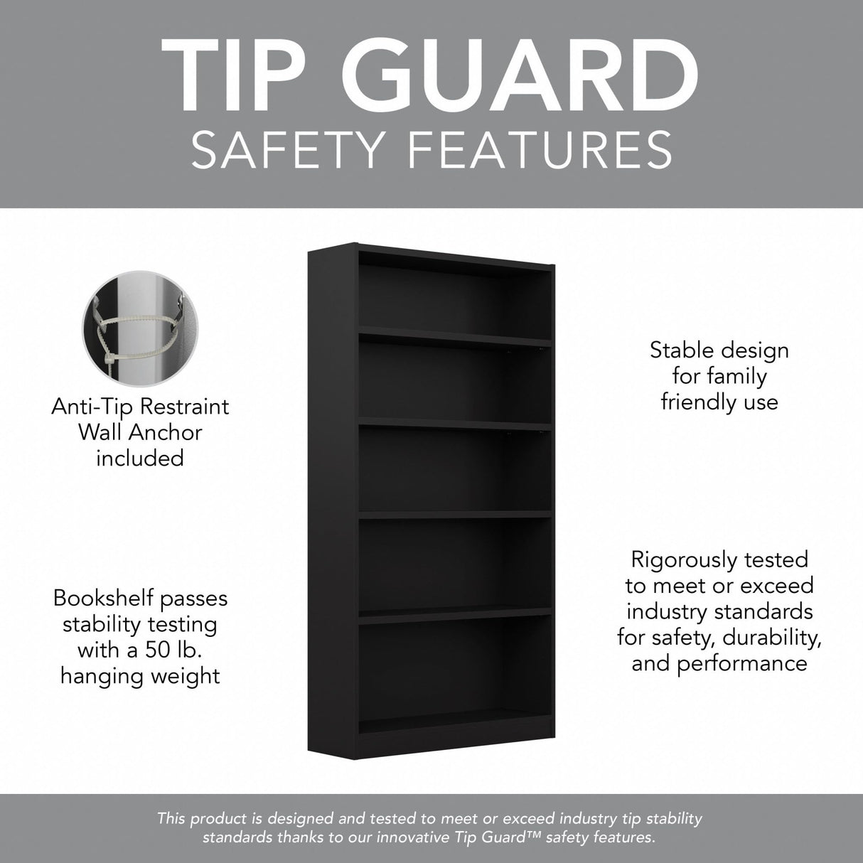 Bush Furniture Universal Tall 5 Shelf Bookcase in Black, Vertical Storage and Display Bookshelf for Home Office or Living Room Organization Bush Furniture