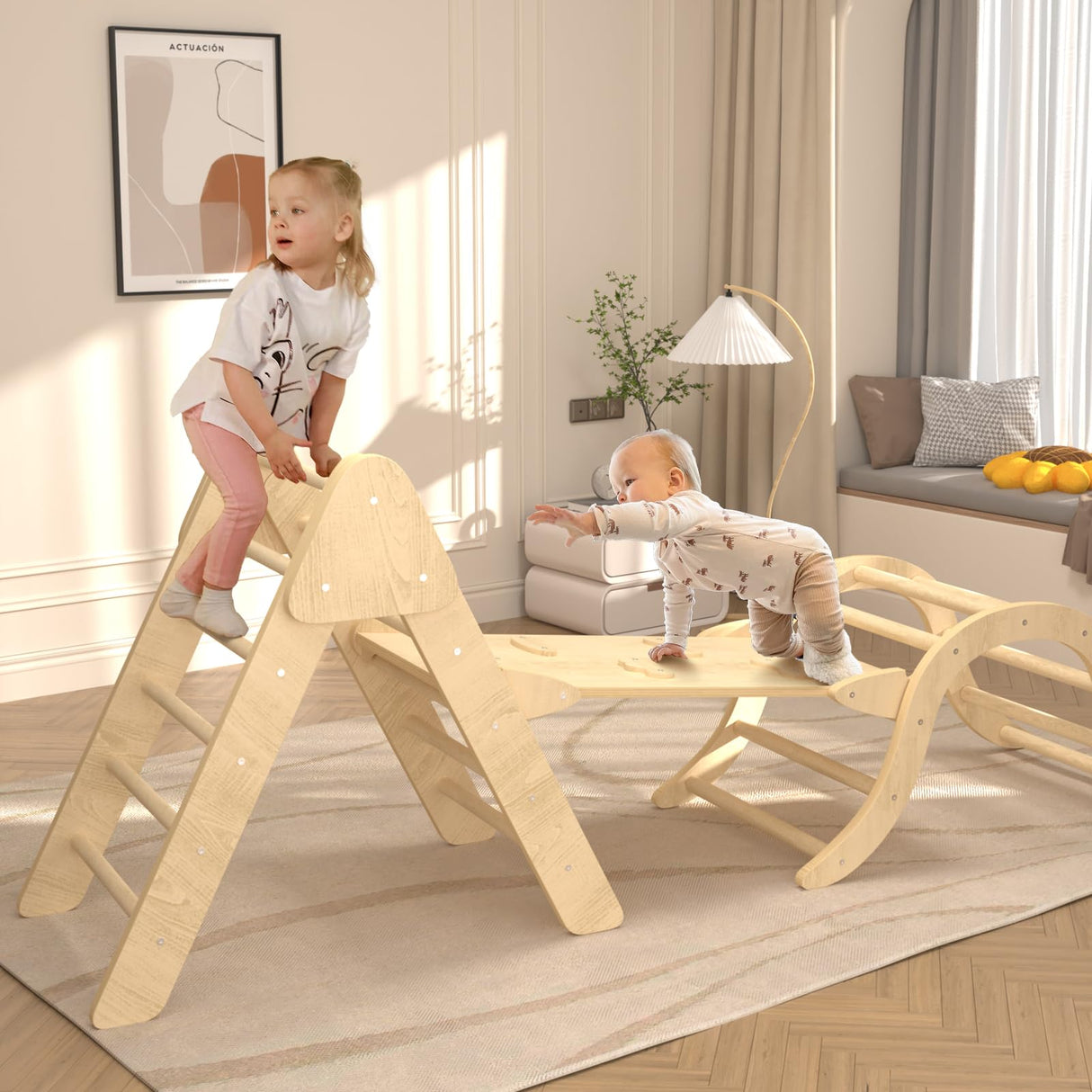 UROSULO Indoor Toddler Climbing Toys, Multifunction Pikler Triangle and Arch with Ramp, Climbing Triangle Arch Playground Set, Montessori Triangle Climbing Toys for Toddlers, Montessori Climbing Toys UROSULO