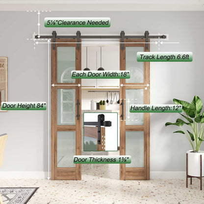 FREDBECK Double 18 x 84 inch Glass Barn Doors 36inch Barn Door with 6.6FT Hardware Kit & Handle Included,3-Panel Frosted Glass,LVL Wood Panel,Water-Proof PVC Surface,Pre-Drilled Holes,Need As - WoodArtSupply