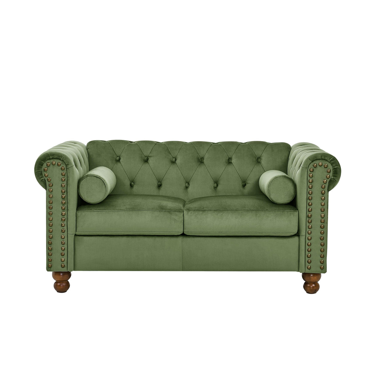 Asucoora Velvet Loveseat Couch, Rolled Arm 2-Seater Tufted Sofa with Nailhead Trim and 2 Neck Roll Pillows, Living Room Small Apartment Office Décor Green Asucoora