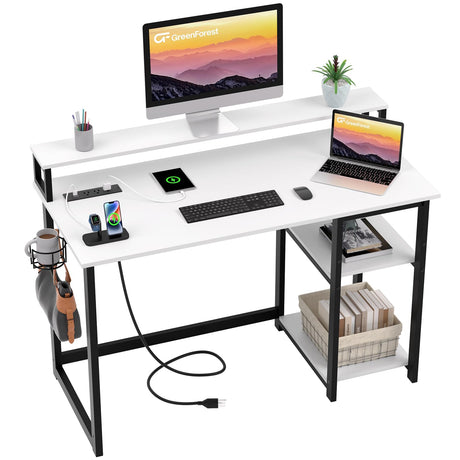 GreenForest 40 inch Home Office Desk with Power Outlets, Small Computer Desk with Ergonomic Monitor Stand, Reversible Gaming Desk, Modern Study Desk, Laptop Desk, White GreenForest