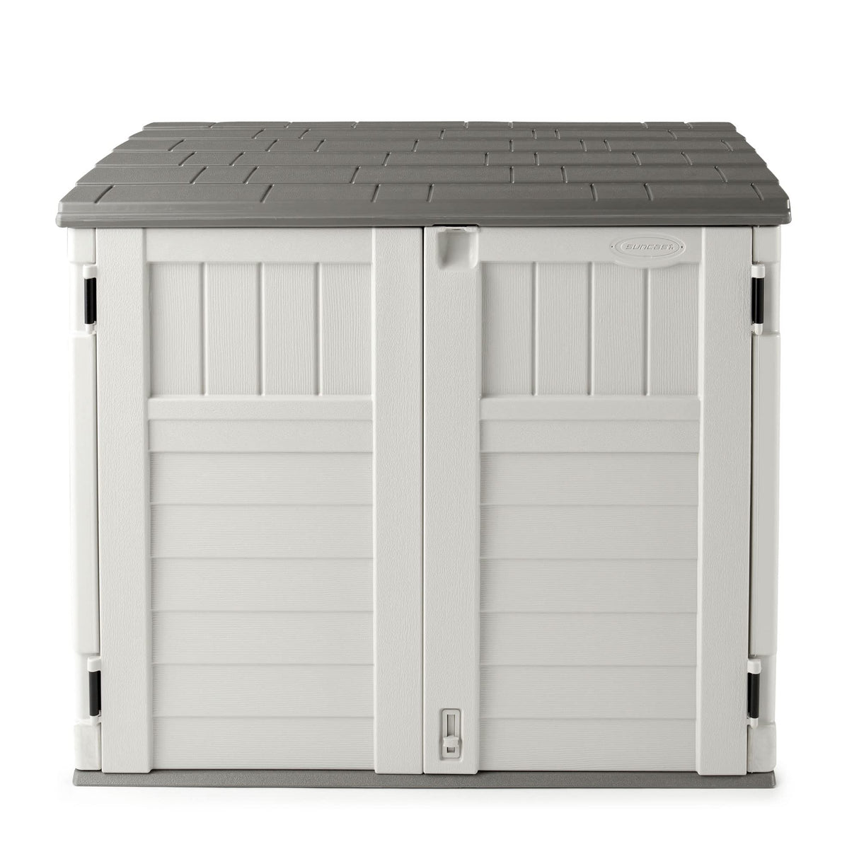 Suncast 34 Cu Ft Capacity Horizontal Outdoor Storage Shed for Garbage Cans, Garden Accessories, Backyard, and Patio Use, Vanilla Suncast