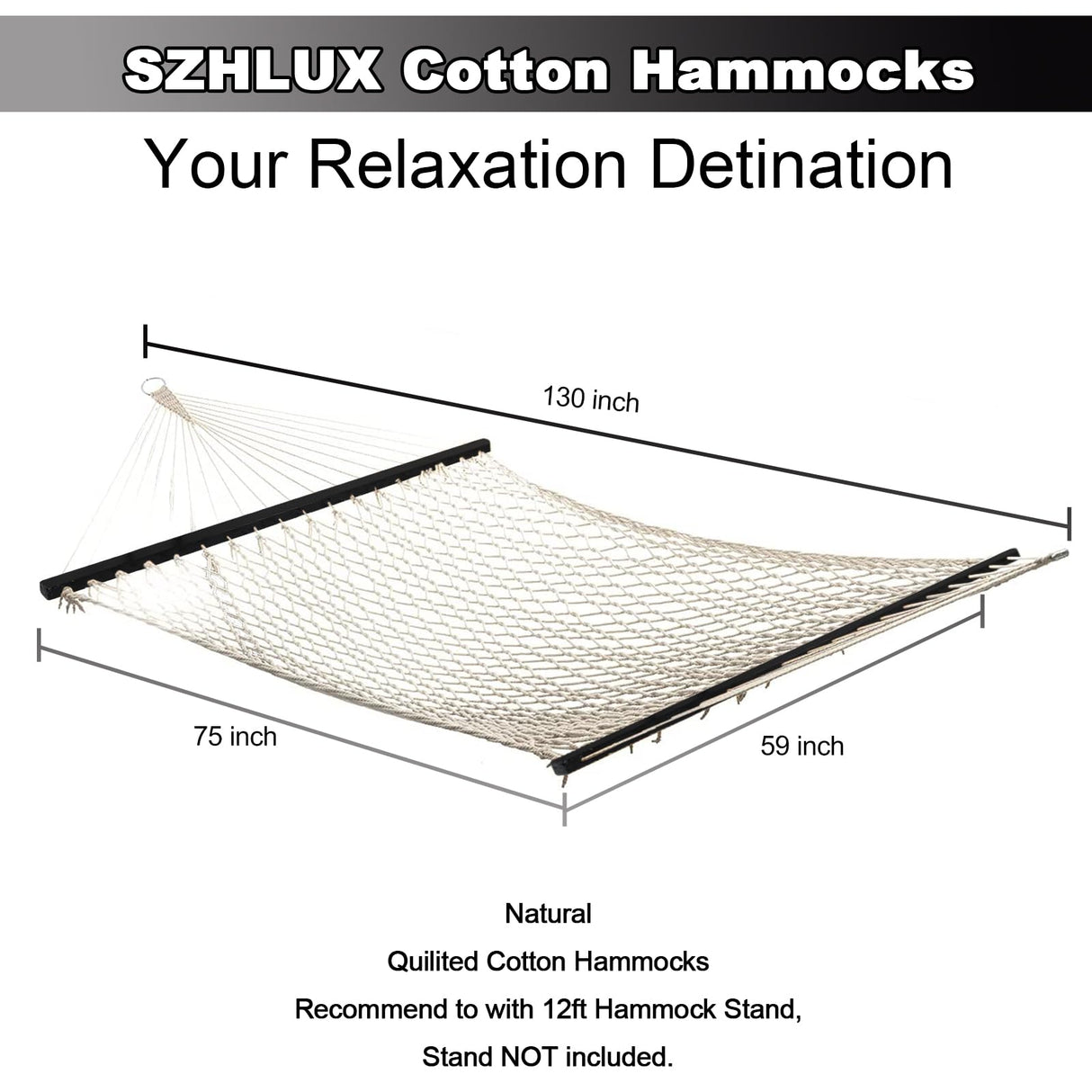 SZHLUX Double Rope Hammocks, Traditional Hand Woven Cotton Hammock with Hardwood Spreader Bar and Carrying Case for Outdoor, Indoor for Two Person, 450lb Weight Capacity SZHLUX