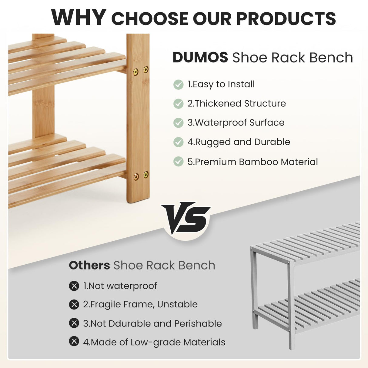 DUMOS Shoe Rack Bench, 3-Tier Bamboo Entryway Benches, Holds Up to 286 lb Storage Organizer, 11.3 x 27.6 x 17.8 Inches, Suitable for Bedroom Living Room Balcony, Wood DUMOS