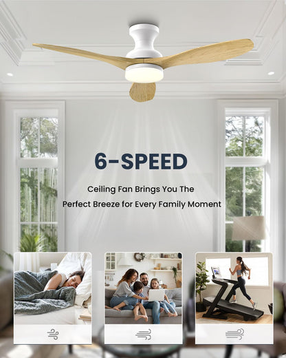 Frstem Leah 52" Solid Wood Ceiling Fan with Light & Remote Control, Flush Mount 3 Blades 6-Speed Ceiling Fan Fixture, Low Profile for Kitchen Bedroom Living Room Indoor (Natural Wood Color &  - WoodArtSupply