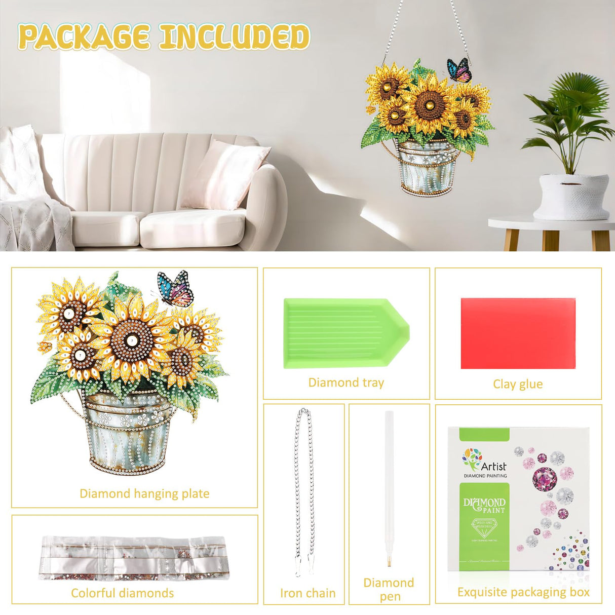 RICUVED Hanging Diamond Art Painting Kit Sunflower, Special Shaped Crystal Gem Craft Bucket Flowers Diamond Painting Pendant Kit for Adults, DIY Hanging Diamond Art Ornament Kit for Home Garden Decor RICUVED