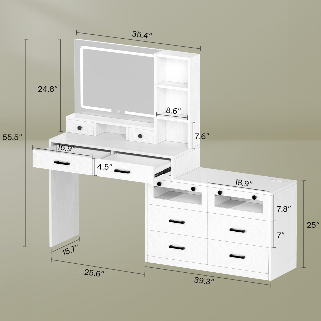 YITAHOME Vanity Desk with Mirror and Lights, RGB Makeup Vanity Table Set with 10 Drawers and 4 Storage Shelves, 3 Lighting Modes Adjustable, Large Makeup Dressing Table with Charging Station, White YITAHOME