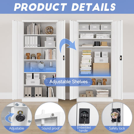 Yizosh Metal Garage Storage Cabinet with Lock, 71" Locking Tool Cabinet with 2 Doors and 5 Shelves, Tall Steel Cabinet for Garage, Heavy Duty File Cabinet for Office, School (White) Yizosh