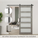 BARNSMITH 36in x 84in Glass Barn Door with 6.6FT Sliding Door Hardware Kit included & Handle,5-Panel Frosted Glass Solid Wood Slab with Water-Proof PVC Surface,Pre-Drilled Easy Assembly,Grey BARNSMITH