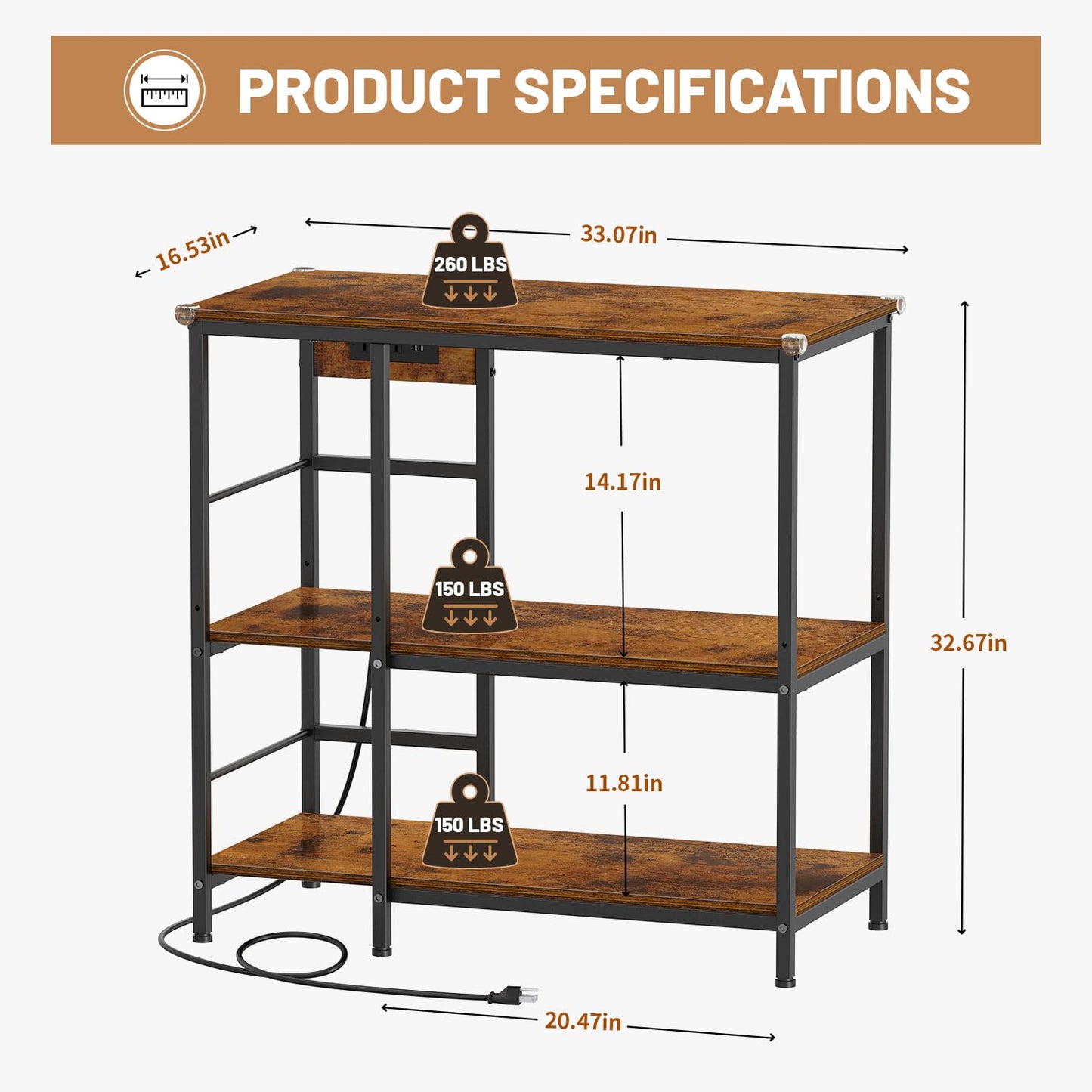 Snughome Fish Tank Stand with Charging Station, 10-29 Gallon Aquarium Stands 3-Tier, Adjustable Fish Tank Shelf for Home Heavy Duty Metal 33.07" x 16.53" x 32.67", Rustic Brown