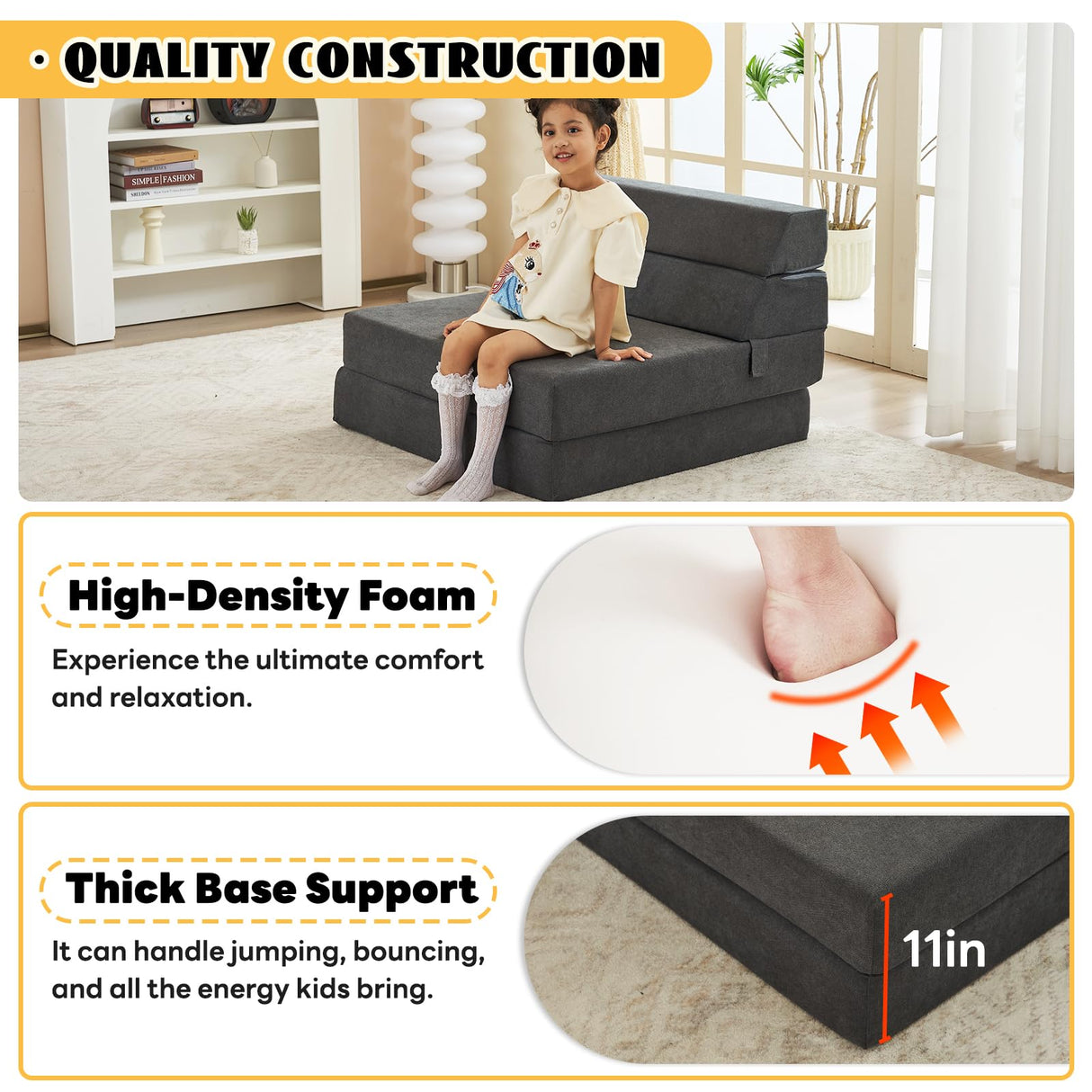 jela Sofa Bed Foldable Mattress Luxury Miss Fabric, Folding Sleeper Sofa Chair Bed Floor Mattress Floor Couch, Fold Out Couch Futon Mattress for Guest Room, Living Room (83"x33",Dark Gray) jela