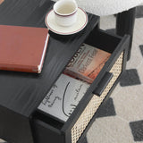 AWASEN Mid Century Modern Nightstand, Rattan Side Table with Drawer, Black Bedside Table with Storage and Solid Wood Legs for Living Room, Bedroom and Small Space (Black) AWASEN