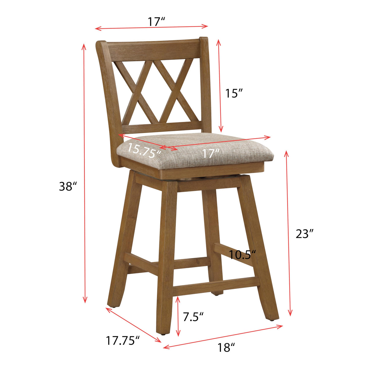 Home Brookline Swivel Bar Stool Chair with 360° Turn Mechanism, Rustic Farmhouse Stools for Kitchen Counter with Cushion, 24" Seat Height, Medium Oak Wood Finish with Beige Cushion Home 2 Office