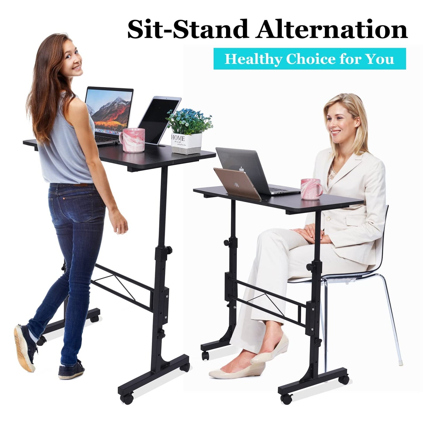 Standing Desk Adjustable Height, Mobile Stand Up Desk with Wheels Small Computer Desk Rolling Desk, Portable Laptop Desk Black Standing Table Sit Stand Home Office Desks 16"x31.5" Height 27"-43.5"