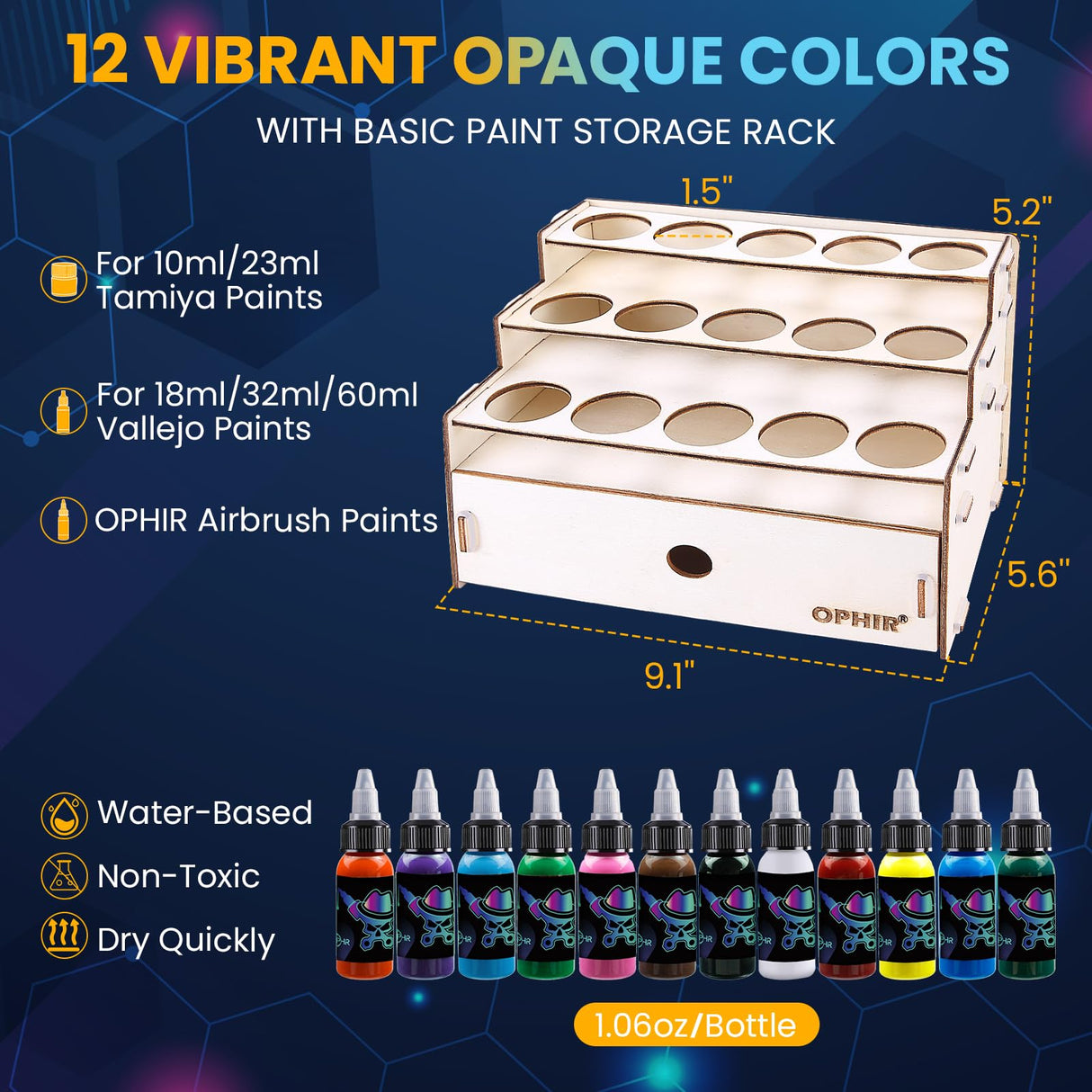 OPHIR Airbrush Kit, Air brush Kit with Air Compressor, Airbrush Compressor with 3x Air Brush, 3L Air Tank, 12 Colors Air brush Painting Set, Paint Holder for Model Painting, 2 Modes of Pressure OPHIR