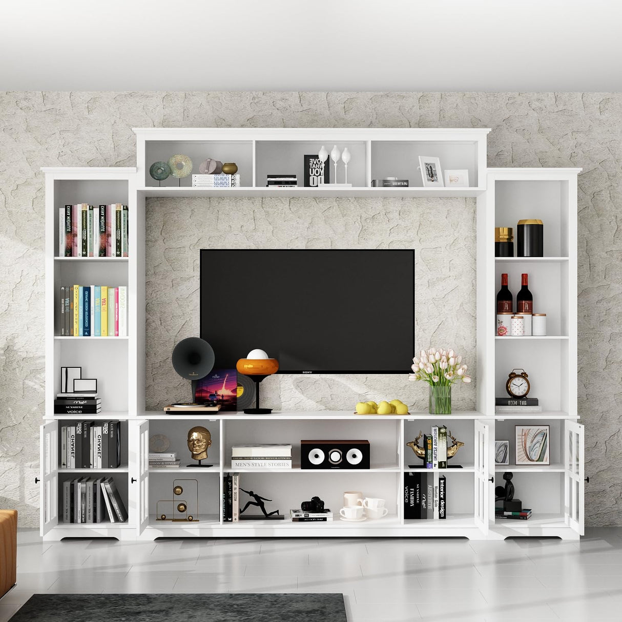 WOODTIME Large Wall Unit Entertainment Center with Bookshelves, Modern 4-Piece TV Stand with Bridge Cabinet & 19 Shelves, Media Console Table with Glass Doors for Living Room & Home Theater, White WOODTIME