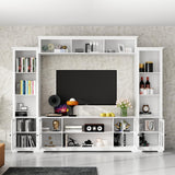 WOODTIME Large Wall Unit Entertainment Center with Bookshelves, Modern 4-Piece TV Stand with Bridge Cabinet & 19 Shelves, Media Console Table with Glass Doors for Living Room & Home Theater, White WOODTIME