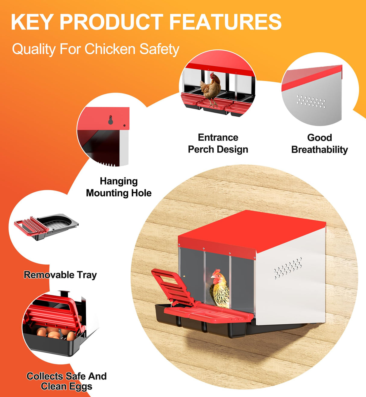 ZenxyHoC Chicken Nesting Boxes, 3 Hole Metal Chicken Egg Laying Box with Swing Perch and Rollout Egg Collection for Chicken Coop ZenxyHoC