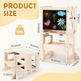 Woodure 4-in-1 Toddler Kitchen Step Stool, Foldable Learning Standing Tower with Blackboard, Wooden Kitchen Stool Helper for Kids, 1-3 Year Old Boy Girl Gifts Woodure